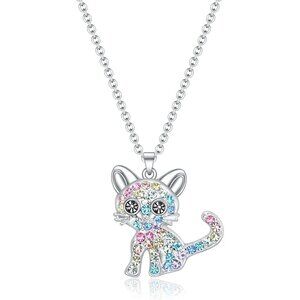 925 Sterling Silver Girls Rainbow Birthstone Necklace For Cat Lover Women Girls